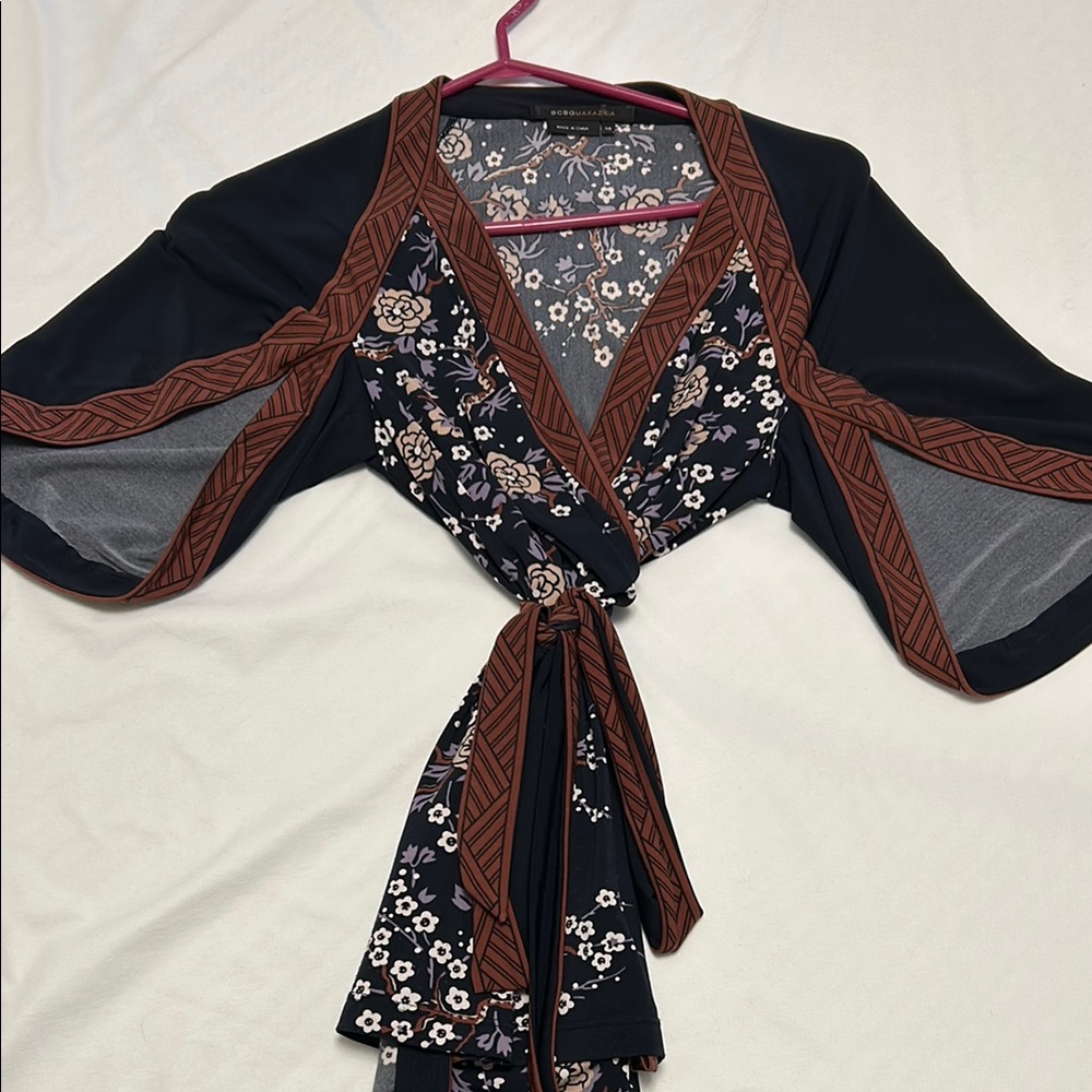 Black and Brown Bell Sleeve Wrap Blouse with Tie Front